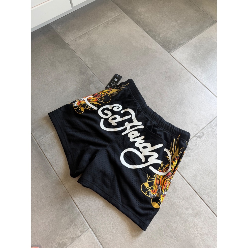 NWT Ed Hardy Mens Black Mesh Tattoo Tiger Eagle Graphic Shorts EHM8004-2 Small - Picture 2 of 9